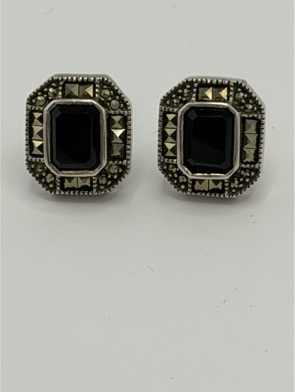 Vintage Designer Judith Jack Black Onyx Marcasite Sterling Silver Earrings